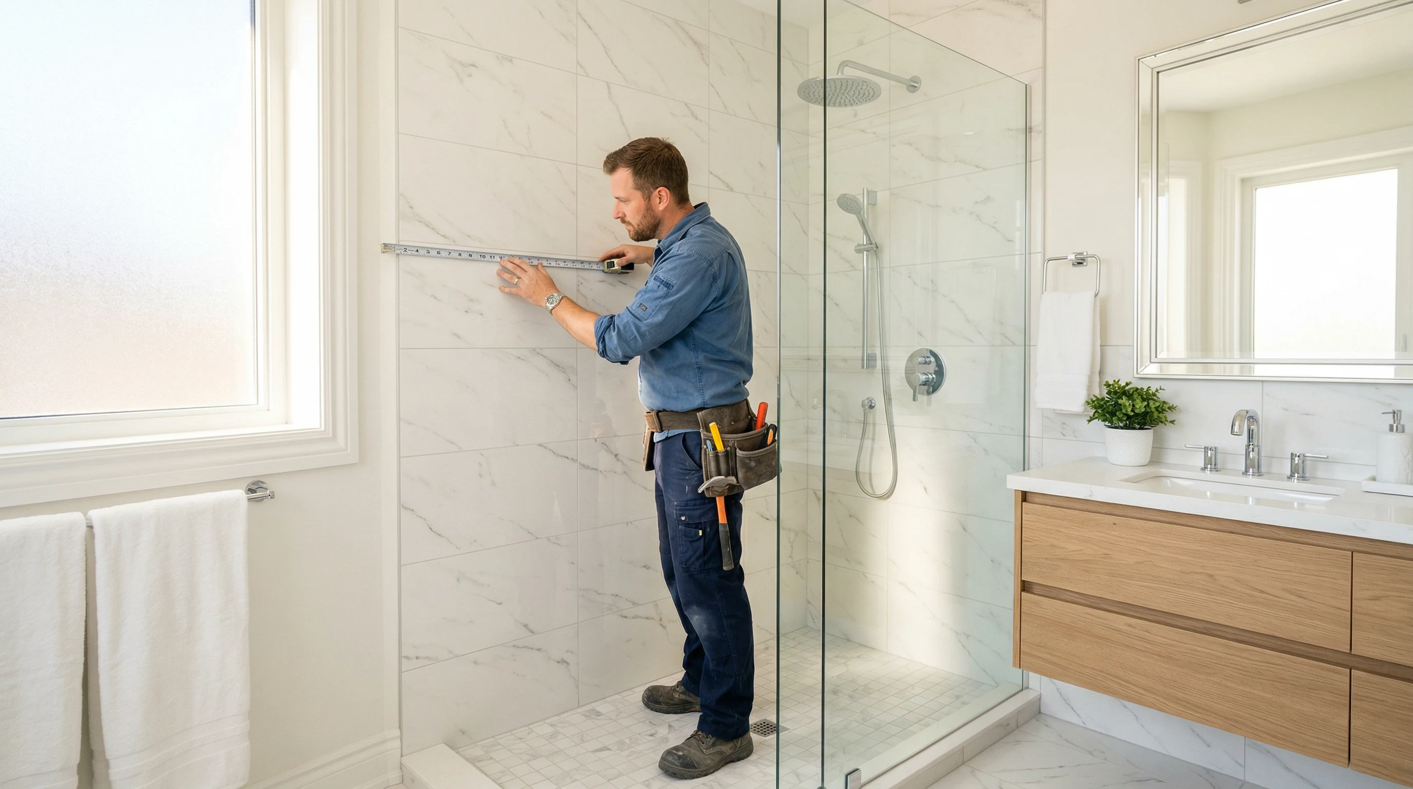 Skilled tradesman installing panels in a bathroom renovation