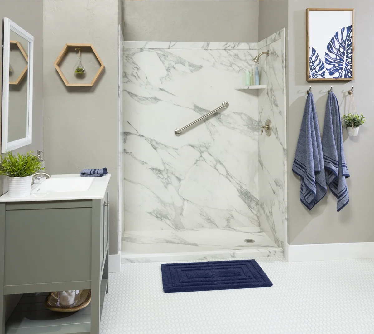 Completed walk-in shower conversion with safety grab bar