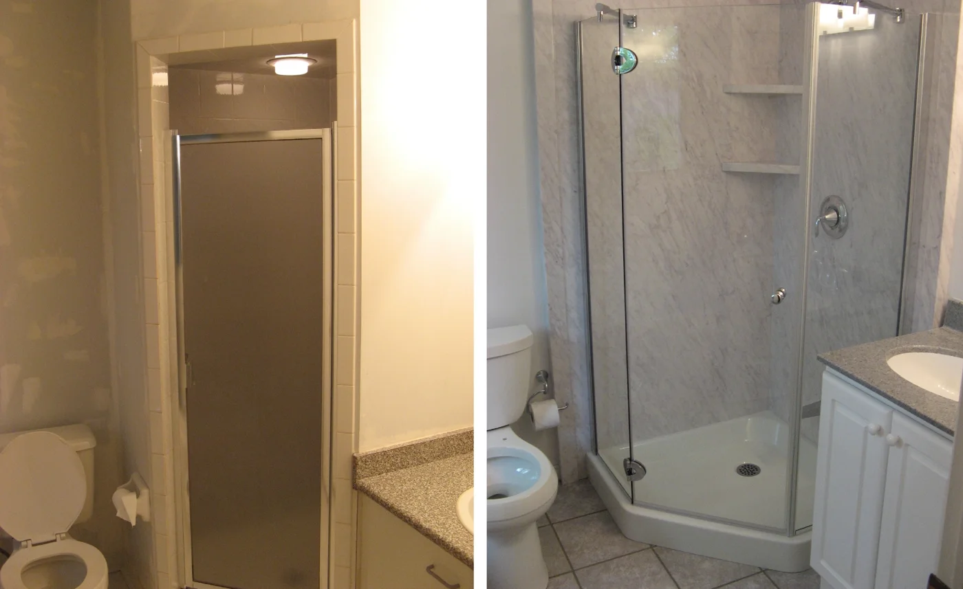 Before and after shower conversion — outdated stall transformed into a modern walk-in shower with Sentrel panels